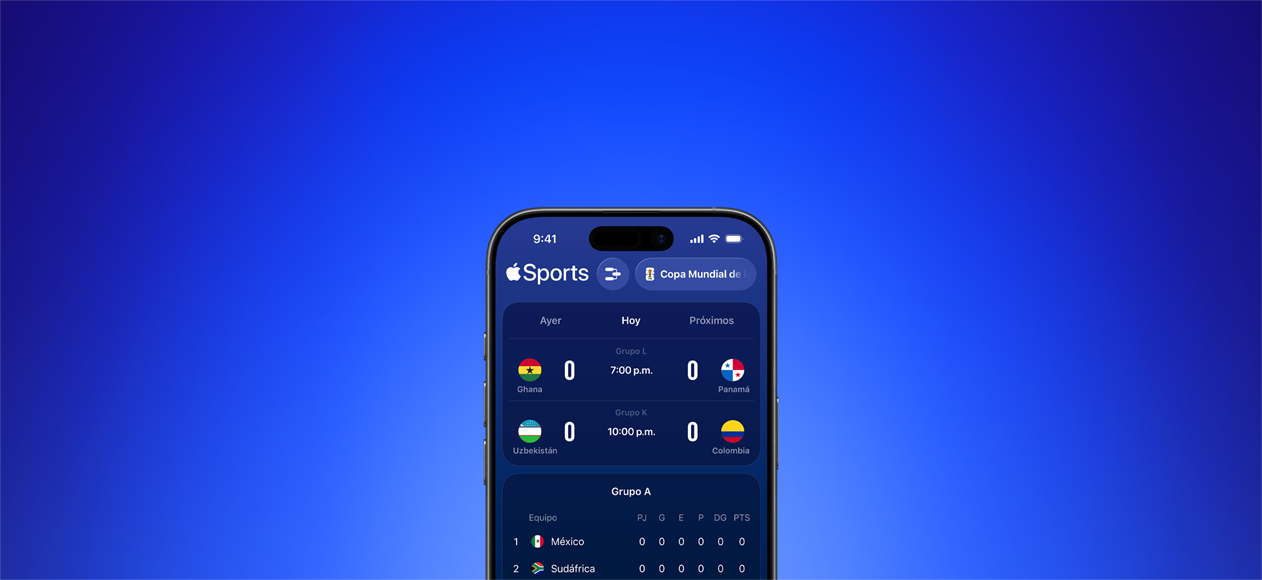 App Apple Sports en un iPhone que muestra los partidos del día de la Copa Mundial de la FIFA 2026, pestaña Hoy seleccionada