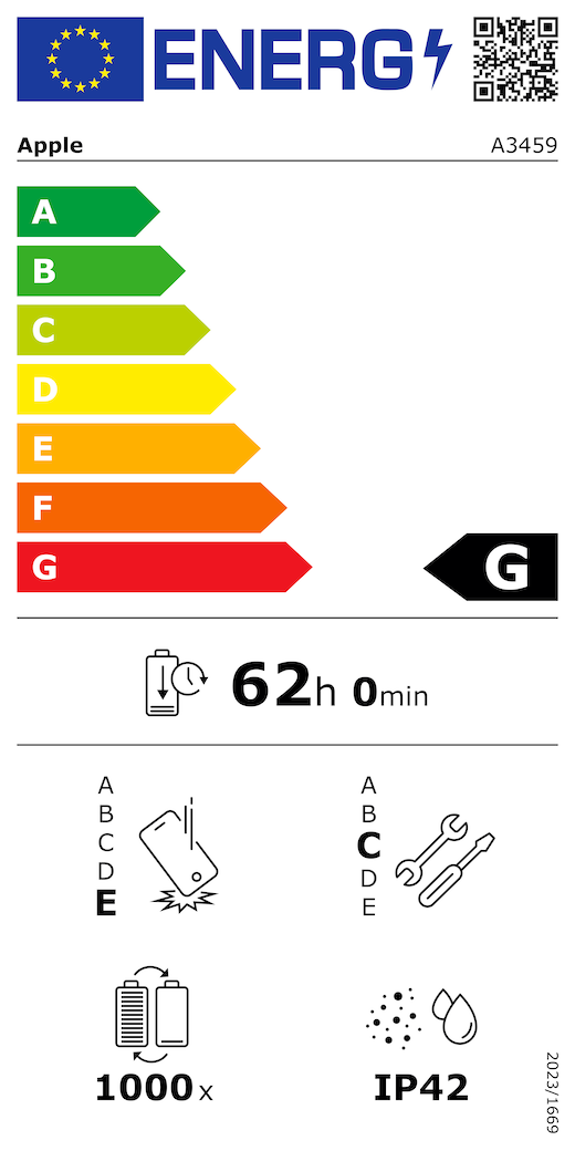 EU-energimærke, QR-kode og information, Apple-model A3459, klasse G, energieffektivitetsklasser (med en skala fra A til G), A (mest effektiv) til G (mindst effektiv), batteriholdbarhed pr. cyklus: 62 timer og 0 minutter pr. fuld batteriopladning, klasse E for holdbarhed ved gentagne frie fald, A (mest robust) til E (mindst robust), klasse C for reparerbarhed, A (mest reparerbar) til E (mindst reparerbar), batteriholdbarhed på 1000 cyklusser, IP-klassificering for støv- og vandbeskyttelse: IP42, forordning 2023/1669