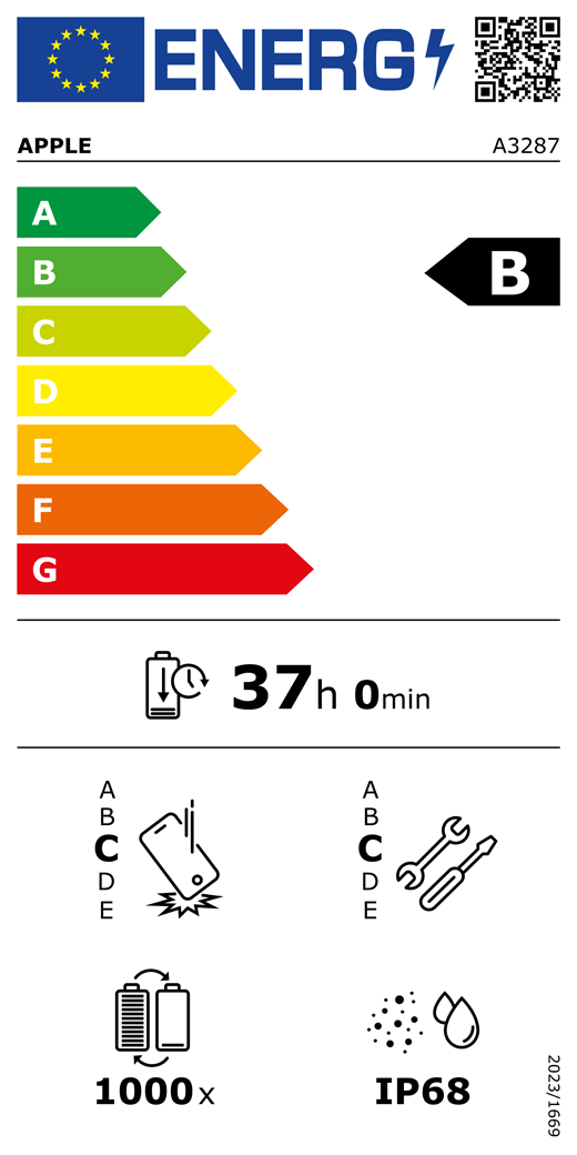 QR-kod för energimärkning och information (EU), Apple-modell A3287, klass B, klasser för energieffektivitet (skala från A till G), A (mest effektiv) till G (minst effektiv), batteritid per laddningscykel, 37 timmar och 0 minuter vid full laddning, tillförlitlighet vid upprepat fritt fall: klass C, A (mest robust) till E (minst robust), reparerbarhet: klass C, A (mest reparerbar) till E (minst reparerbar), batteriets livslängd i antal cykler: 1000, IP68-klassad damm- och vattentålighet, förordning 2023/1669.