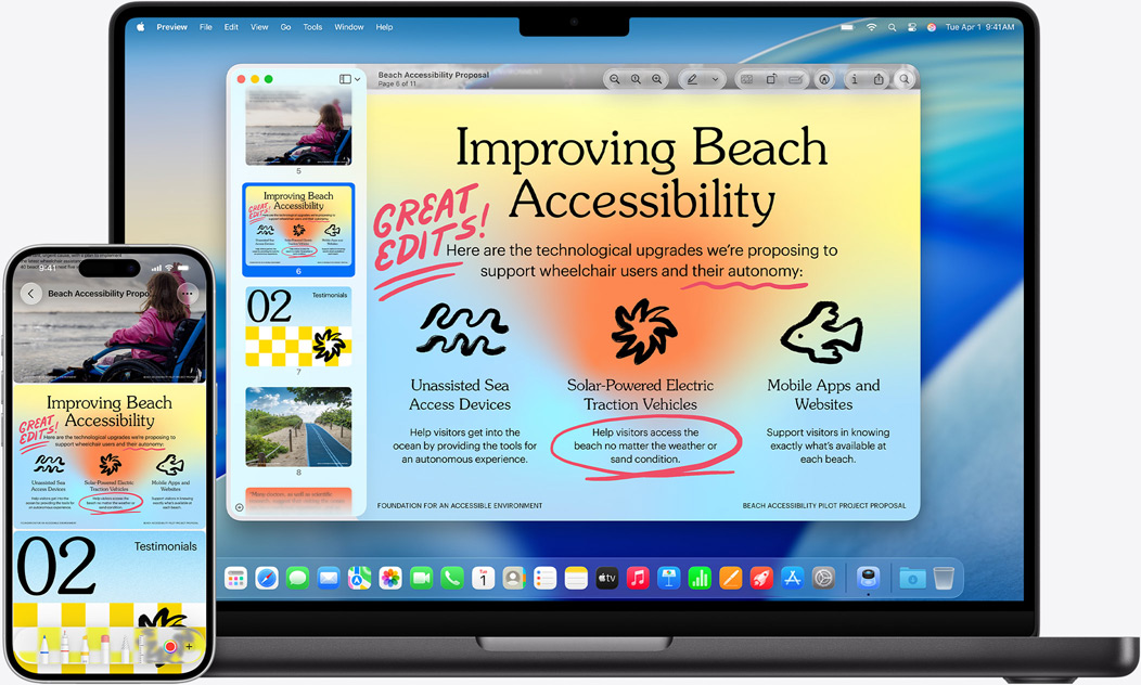 iPhone och MacBook sida vid sida, iPhone-dubblering visas på MacBook-skärmen. Widgetar för Kalender och Anteckningar högst uppe på skärmen, appar nära nederkanten.