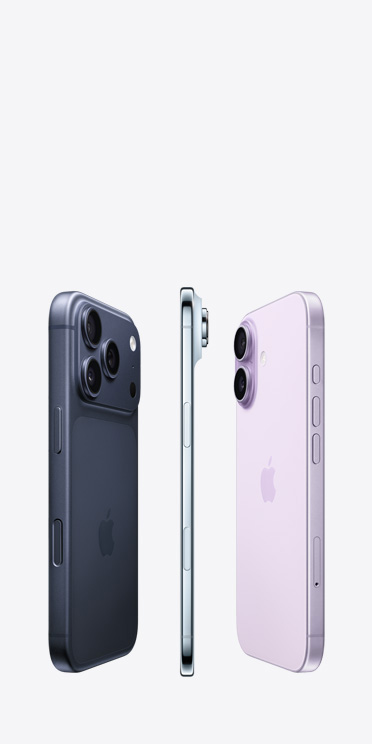 iPhone 17 Pro의 뒷면 상단에 걸쳐 보이는 프로 Fusion 카메라 시스템, iPhone Air의 매우 얇은 티타늄 옆면, iPhone 17의 뒷면 왼쪽 상단에 위치한 첨단 듀얼 카메라 시스템