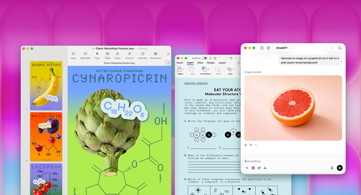 macOS desktop showing Dock with various apps, Microsoft PowerPoint app highlighted