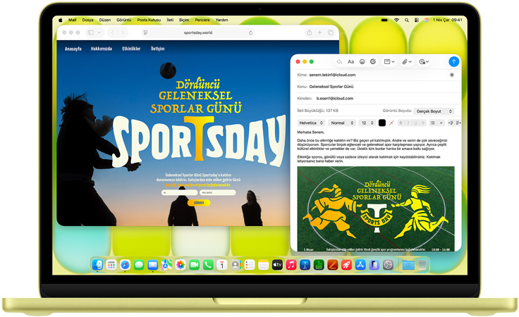 MacBook Neo, puslu sarı renk, kullanıcı bir sergi için davet mail’i hazırlıyor, yanda etkinliğin web sitesi açık