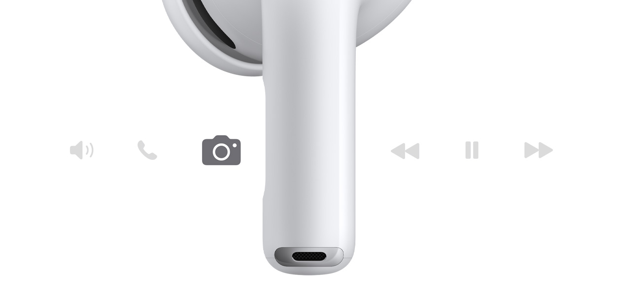 En hvit, trådløs AirPods Pro 3-øretelefon med kort stilk vises.