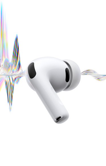 Hvit AirPods Pro 3 med kort stilk, silikonplugg og mikrofon med støyreduksjon.