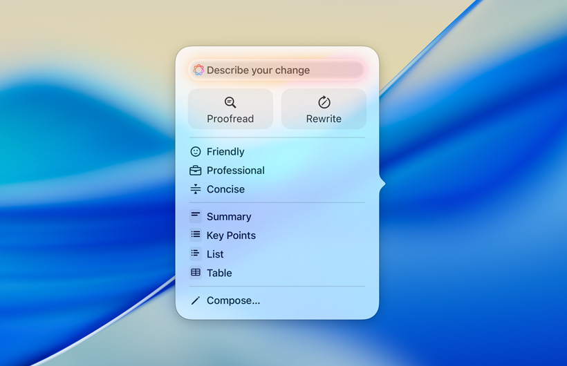 UI for Writing Tools with a text field to enter prompts, buttons for Proofread and Rewrite, different tones of writing voice, and options for summarize, key points, table and list