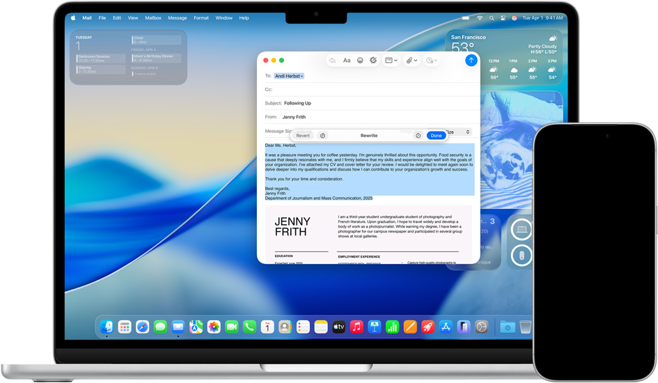 Mac 展示書寫工具；iPhone 展示訊息即時翻譯功能