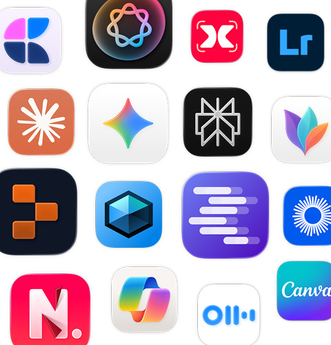 En række ikoner for AI-apps, inklusive MindNode, Adobe Lightroom, Claude og Google Gemini