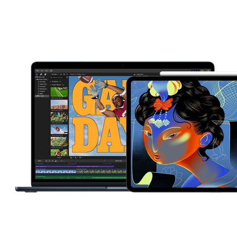Mac-skærm viser Final Cut Pro, iPad-skærm viser Procreate Dreams