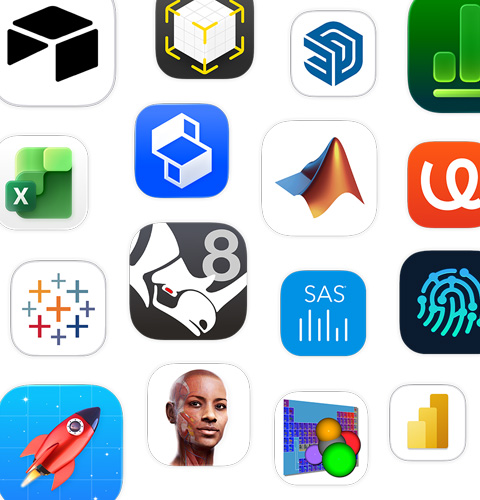 En række ikoner for STEM-apps, inklusive Shapr3D, MATLAB, uMake og Tableau.