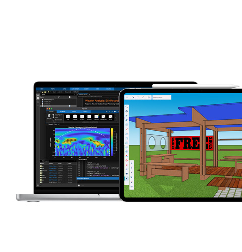 Mac-skærm viser MATLAB, iPad-skærm viser Shapr3D