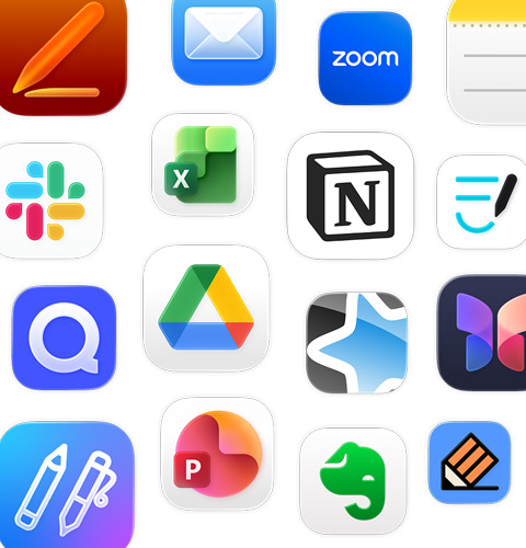 En række ikoner for produktivitetsapps, inklusive Google Drev, Evernote, Slack og Quizlet