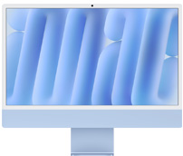Blå iMac set forfra med kamera øverst i midten, skærmen viser en blå abstrakt baggrund.