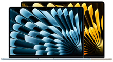 Åbne, bærbare MacBook Air-computere, den mindste forrest, skærmene viser livlige baggrunde med abstrakte blå og gule design.