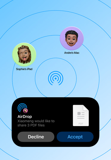 AirDrop-brugerflade, der viser en anmodning om at dele tre PDF-filer, med mulighed for at afvise eller acceptere.