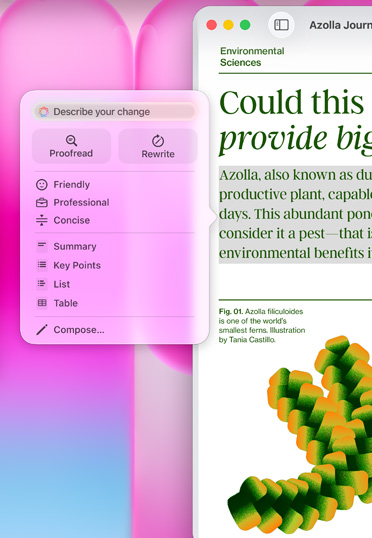 En artikel i Pages med en Apple Intelligence-prompt med muligheder for at opsummere den markerede tekst, gøre den mere kortfattet og meget mere.