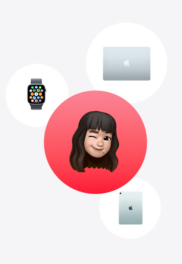 Apple Watch, MacBook og iPad omgiver en Memoji i en rød cirkel.