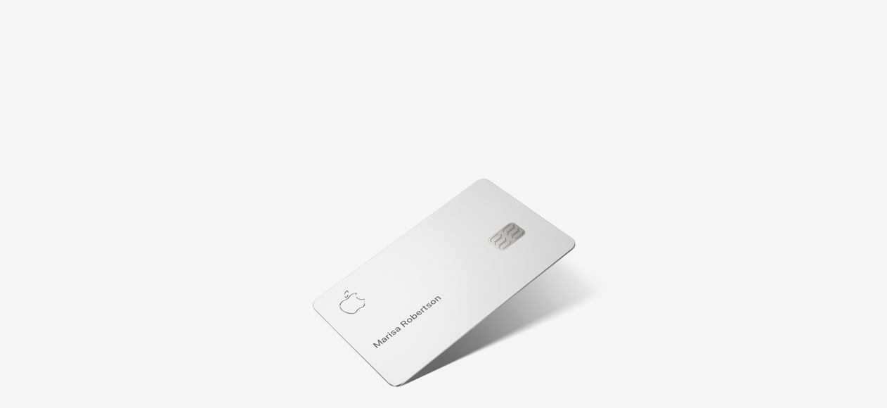 Apple Card, front, Apple logo in top left, cardholder name in middle left Marisa Robertson, card chip in middle right.