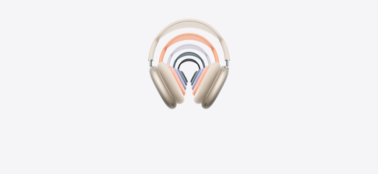 AirPods Max 2 ‑over-ear-kuulokkeet edestä, päällekkäin, näkyvillä eri väreissä, kaariverkko ja vaahtomuoviset kuuloketyynyt, Digital Crown ja kuuntelutilapainike.