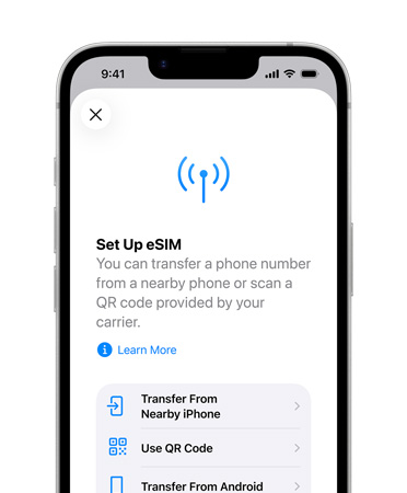 iPhone 17e, przód obudowy, na ekranie funkcja Konfiguruj eSIM umożliwiająca przenoszenie numeru telefonu z pobliskiego telefonu lub za pomocą kodu QR