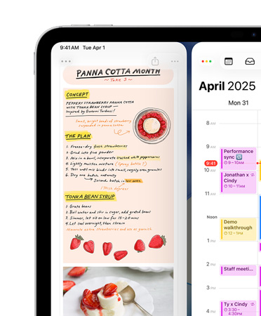 iPad, orientacja pozioma, lewy górny ekran przedstawia aplikacje Notatki i Kalendarz, ułożone obok siebie, jako przykład układania okien.