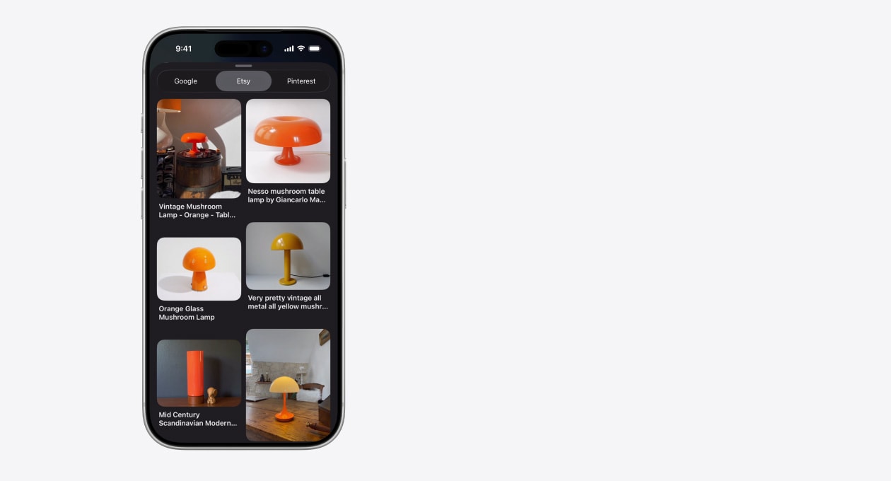 iPhone แสดงตารางภาพของโคมไฟเห็ดหลากหลายแบบจาก Etsy พร้อมแท็บของ Google และ Pinterest อยู่ด้านข้าง